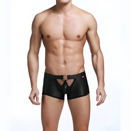 Black shiny faux leather men’s briefs tartarus ring trunk with central cutout and metal ring at the waistband
