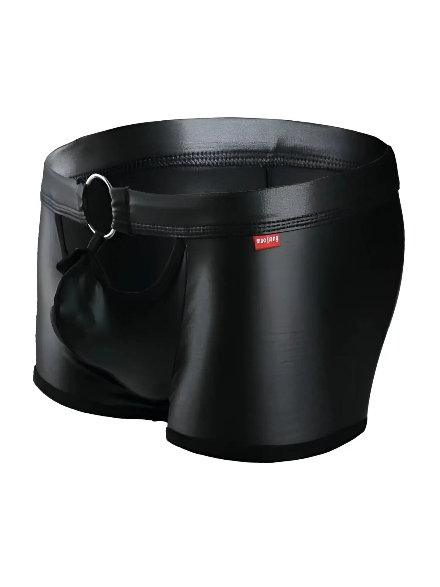Black shiny faux leather men’s briefs with silver ring detail on waistband tartarus ring trunk front view