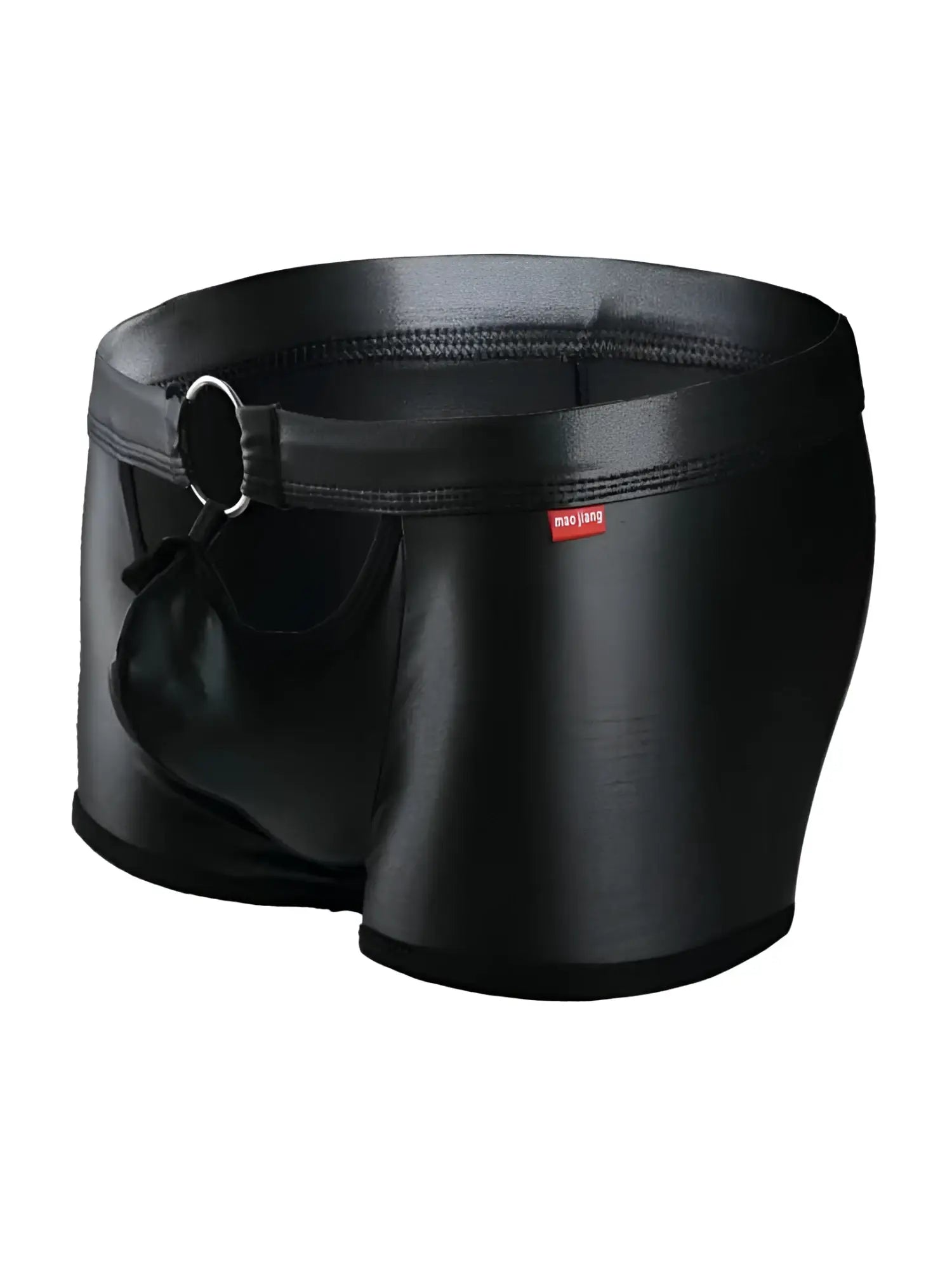Black shiny faux leather men’s briefs with silver ring detail on waistband tartarus ring trunk front view