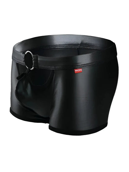 Black shiny faux leather men’s briefs with silver ring detail on waistband tartarus ring trunk front view