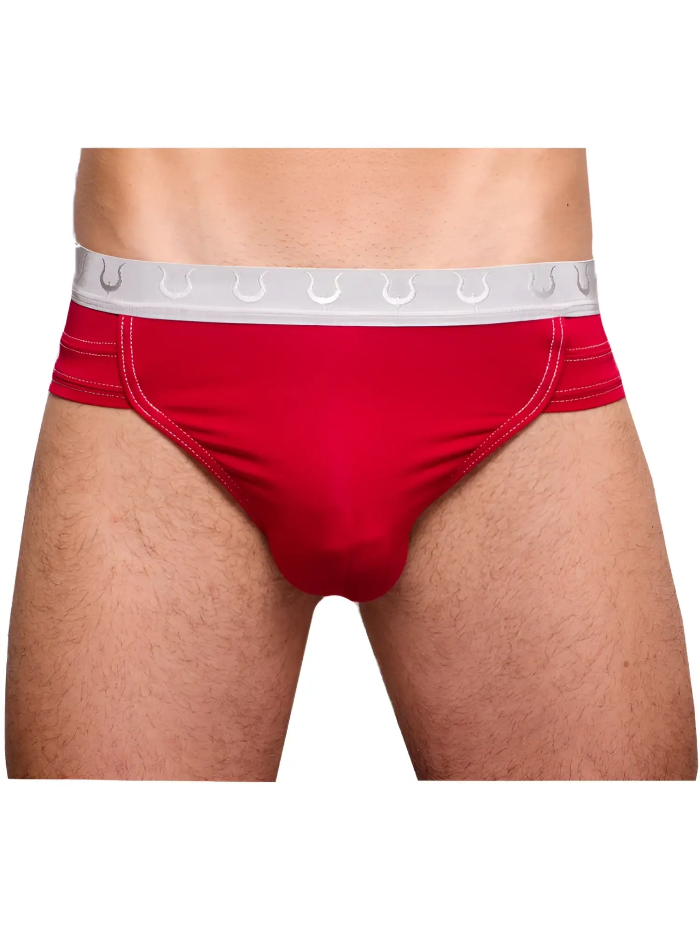 Tartarus rio brief red men’s briefs with white elastic waistband featuring repeating horseshoe logo design