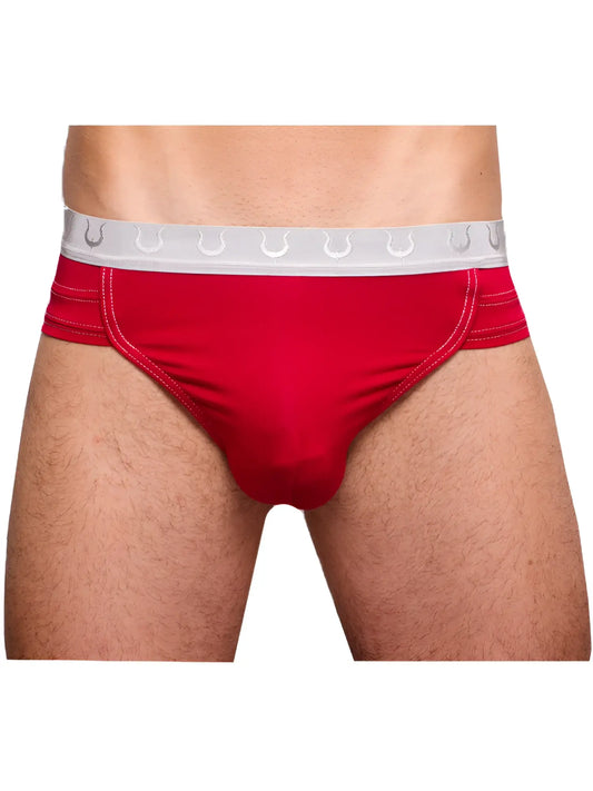 Tartarus rio brief red men’s briefs with white elastic waistband featuring repeating horseshoe logo design
