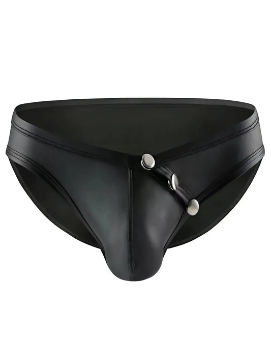 Black faux leather tartarus side buttons brief thong with silver-toned button closure detail