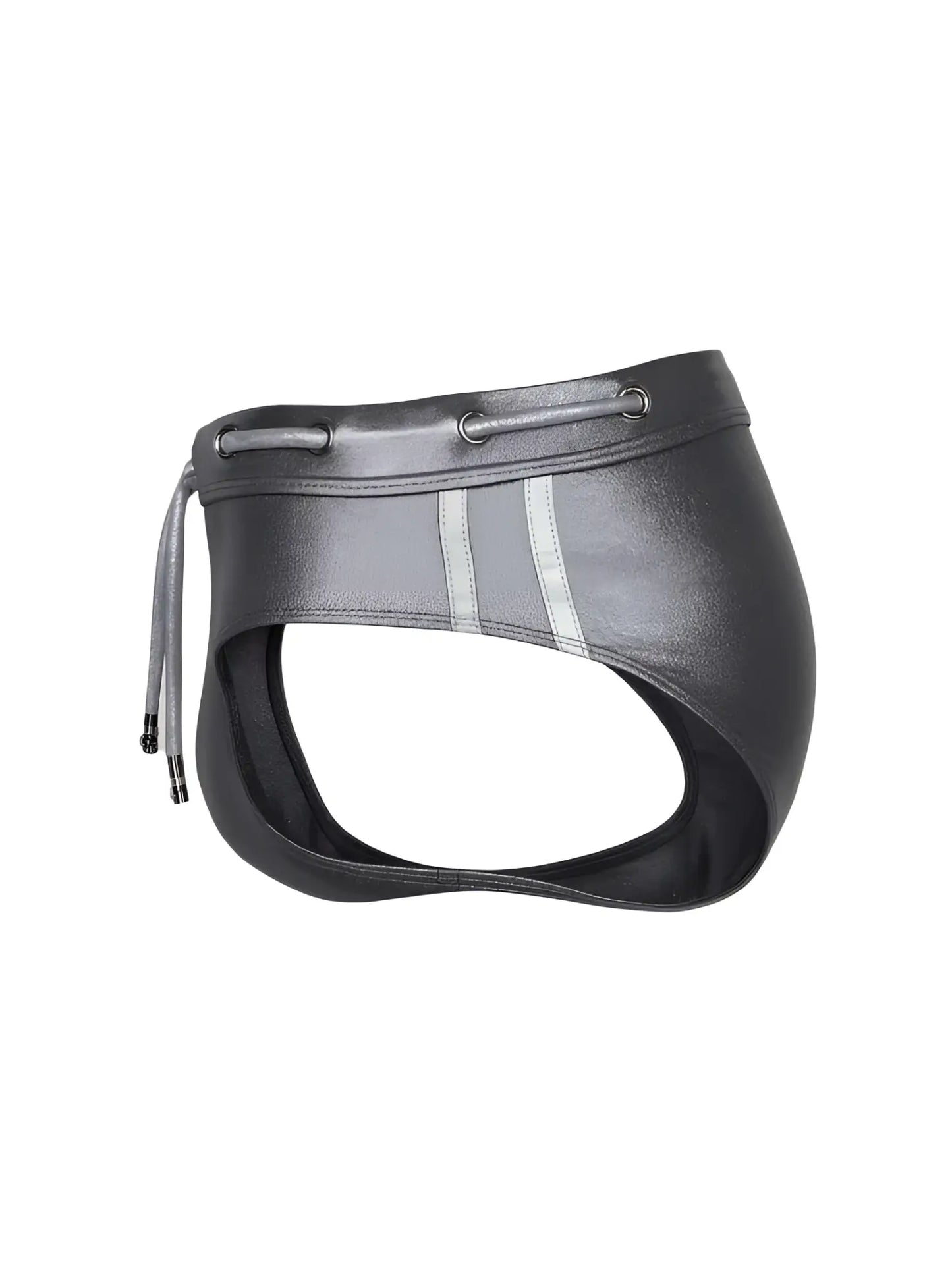 Black leather briefs with silver reflective stripes and drawstring waistband tartarus side track metallic brief