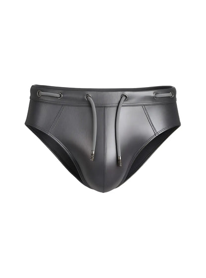 Black leather swim trunks tartarus side track metallic brief with drawstring waistband and metallic aglets
