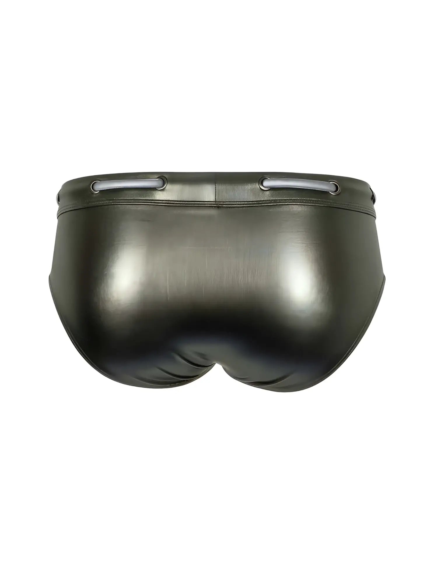 Tartarus side track metallic brief black shiny faux leather swim trunks with silver metal eyelets at waistband