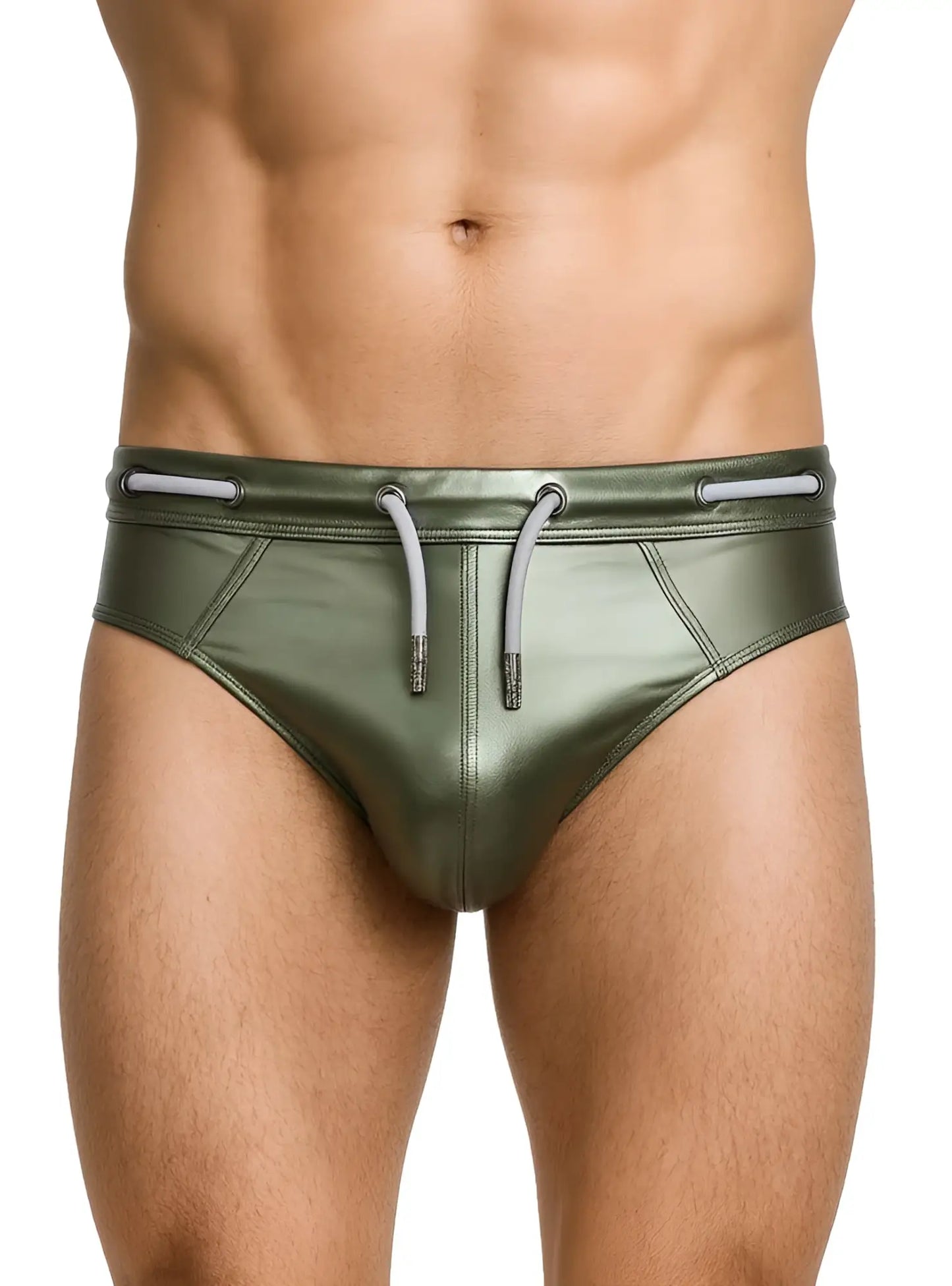 Olive green metallic swim trunks with gray drawstrings tartarus side track metallic brief front view