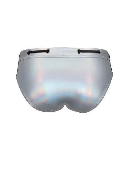 Silver holographic metallic brief swim trunks with black lace-up ties at the waist tartarus side track style