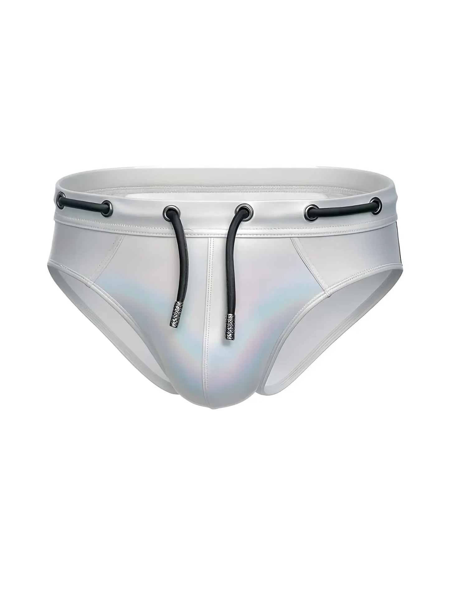 Silver holographic swim trunks tartarus side track metallic brief with black drawstrings and metal eyelets