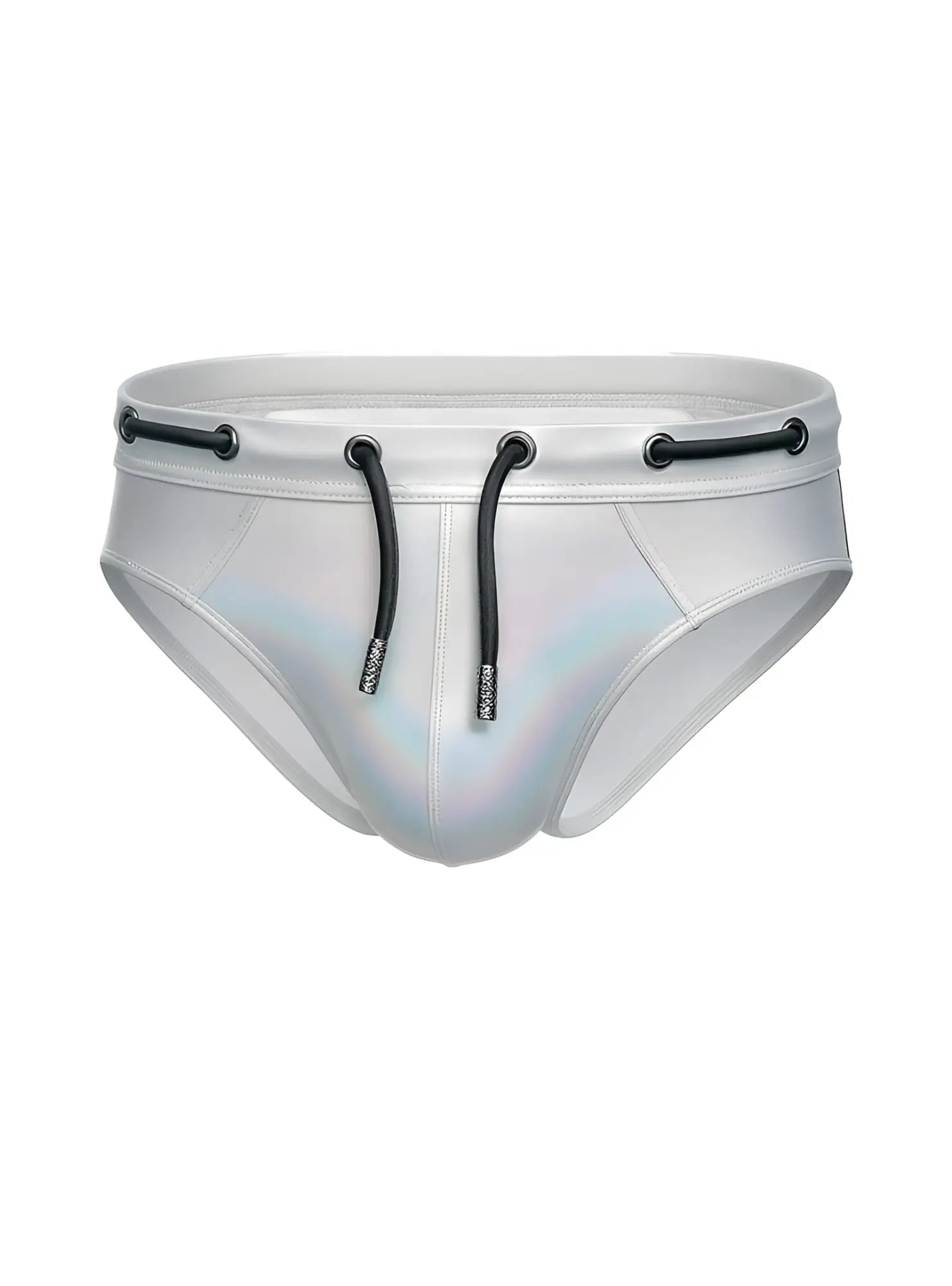 Silver holographic swim trunks tartarus side track metallic brief with black drawstrings and metal eyelets
