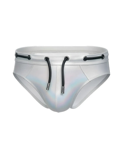 Silver holographic swim trunks tartarus side track metallic brief with black drawstrings and metal eyelets