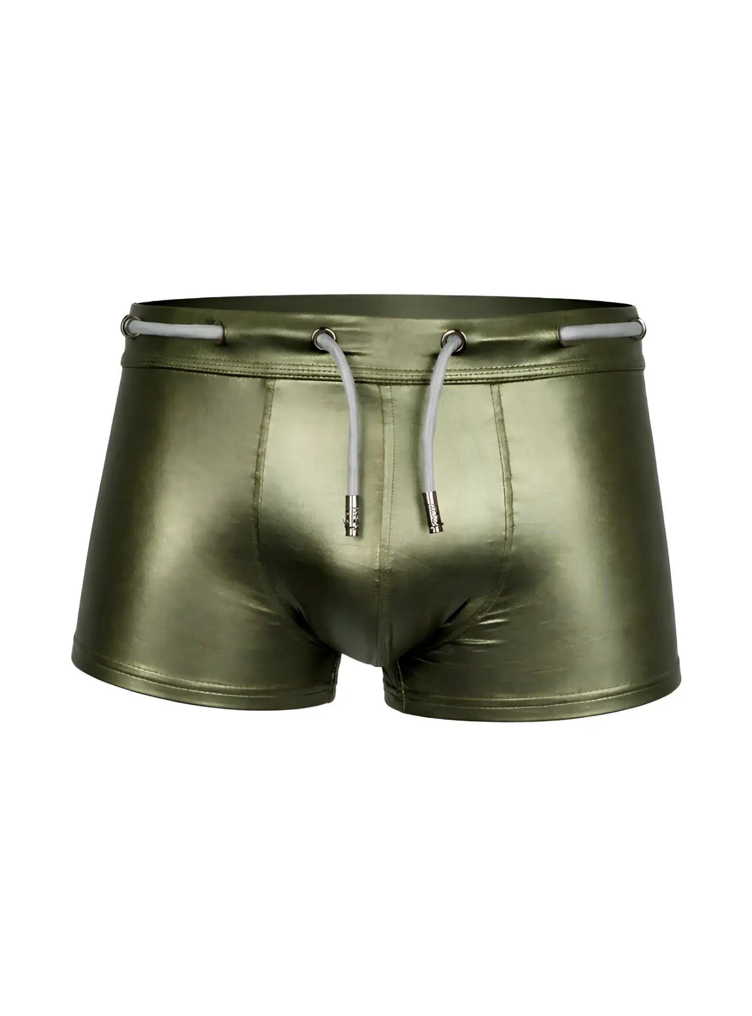 Tartarus side track metallic trunk olive green swim trunks with white drawstrings and silver metal aglets