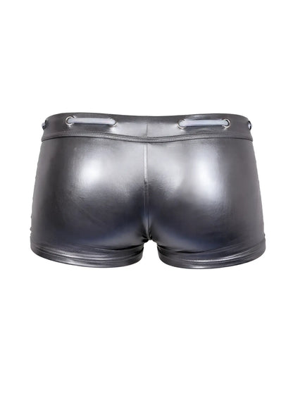 Shiny black faux leather Tartarus side track metallic trunk shorts with sleek fit and silver lace-up waistband details