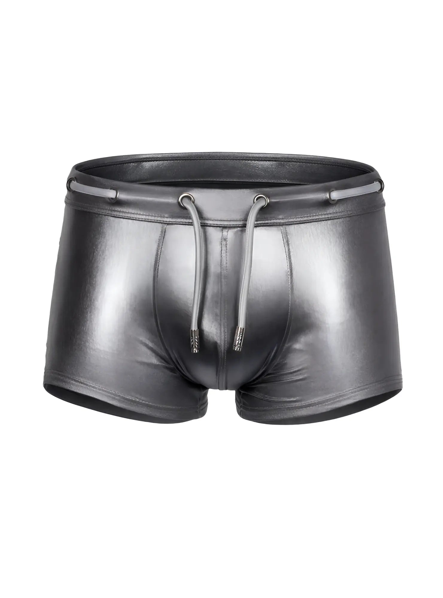 Shiny black faux leather swim trunks with a drawstring waistband tartarus side track metallic trunk