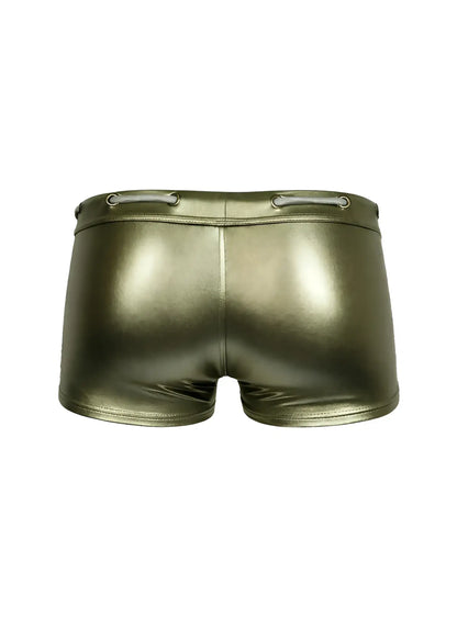 Tartarus side track metallic trunk shiny olive green metallic shorts with sleek form fitting design and silver lace up waistband