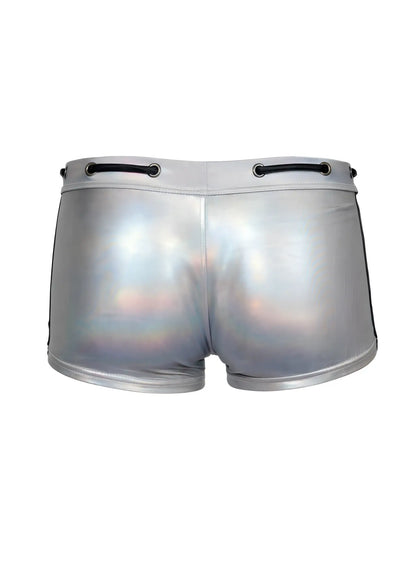 Shiny silver holographic tartarus side track metallic trunk shorts with black side stripes and drawstring waistband