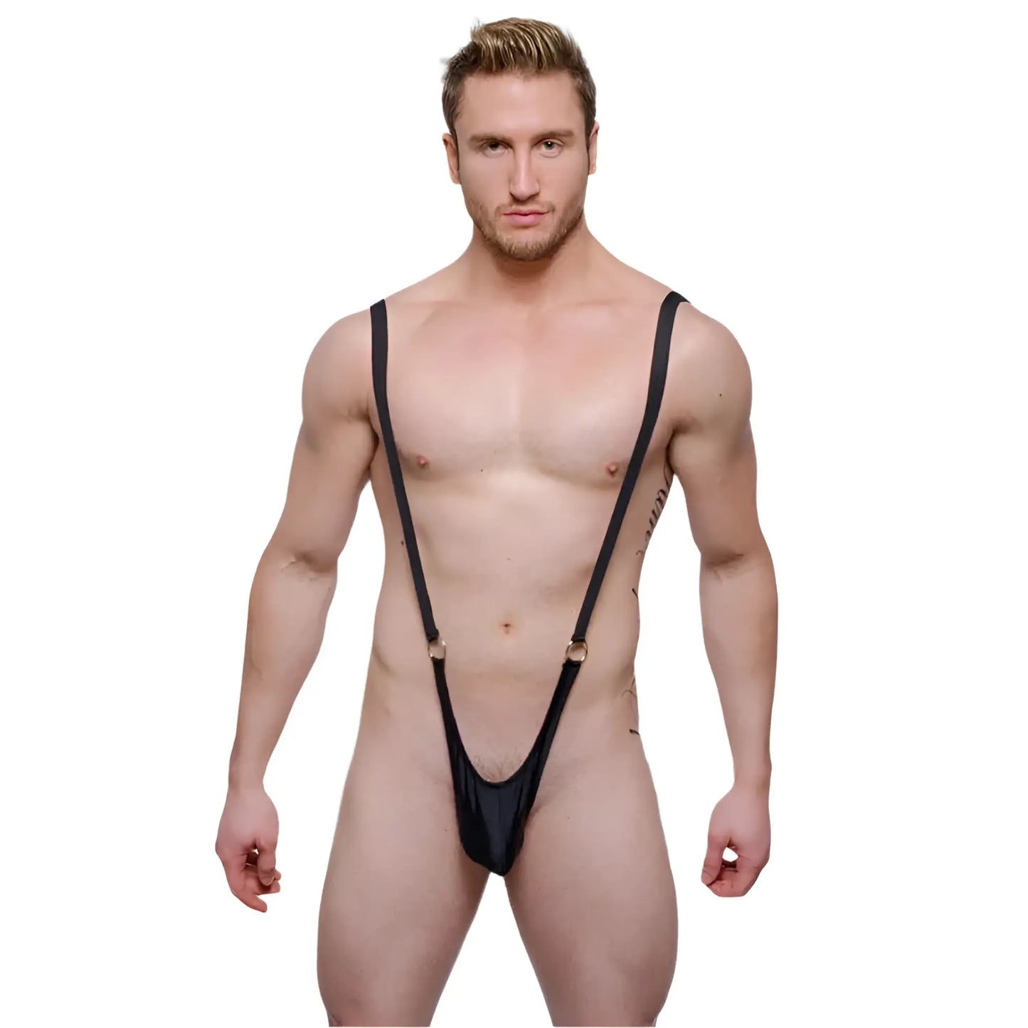 Black sleek one-piece suspender-style swimwear with thin straps and snug fit tartarus sling shot body thong with rings