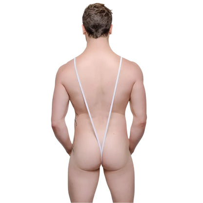 White string bikini bottom with thin straps and deep v-back design shown from the back in tartarus sling shot body thong style