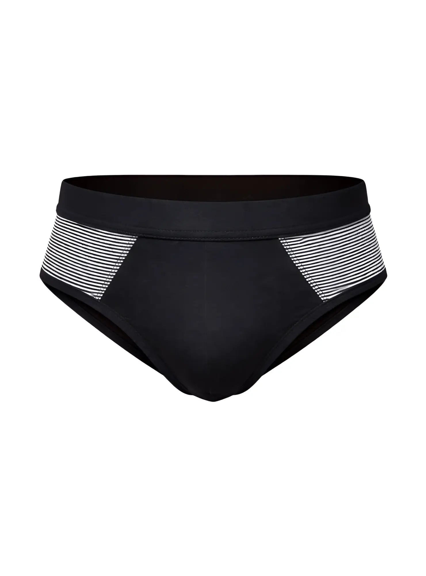 Black tartarus striped cotton brief swim trunks with white and gray striped side panels for swimming and beachwear