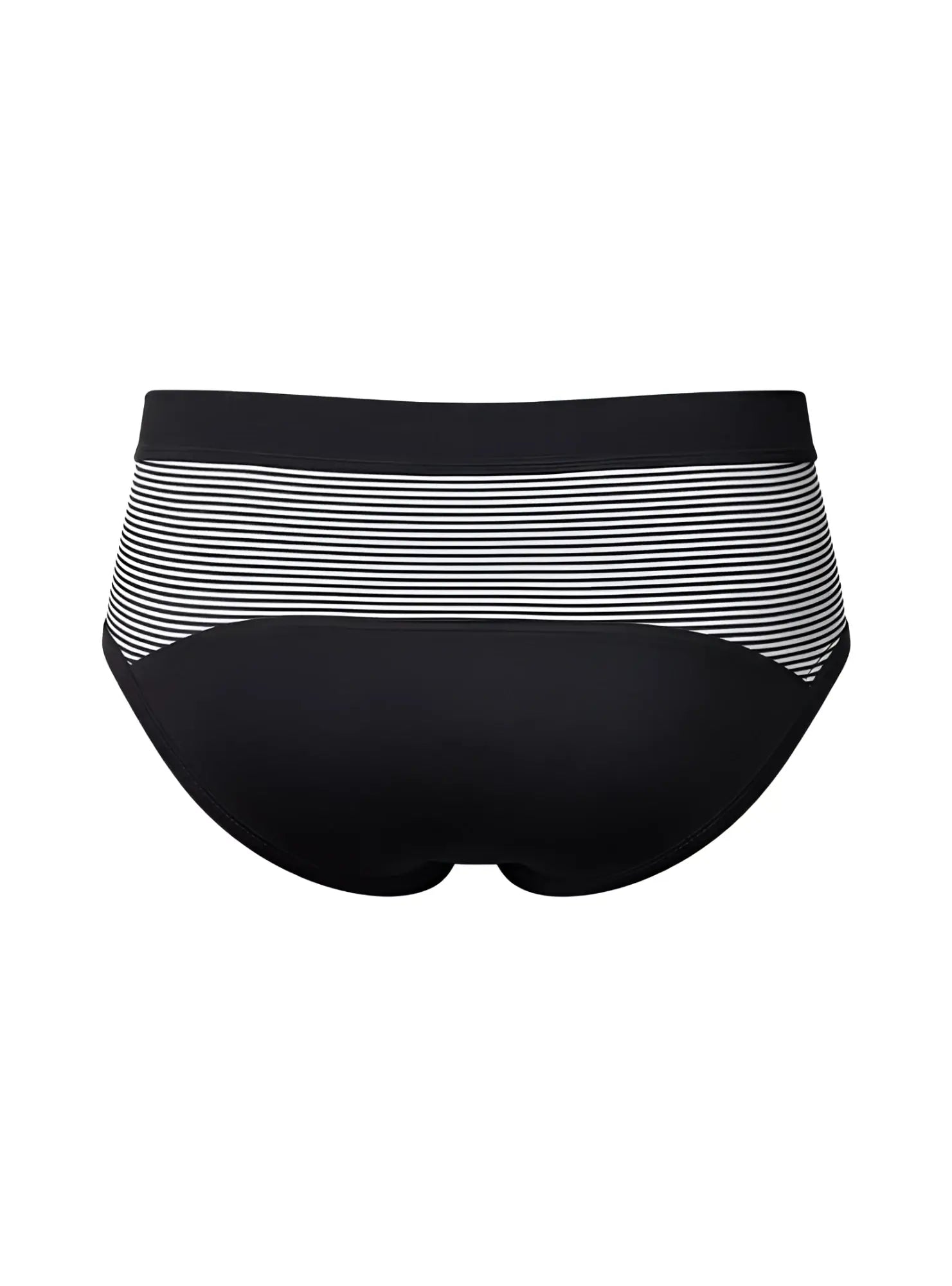 Black and white striped cotton bikini brief with solid black waistband showing front side for casual wear