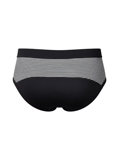 Black and white striped cotton bikini brief with solid black waistband showing front side for casual wear