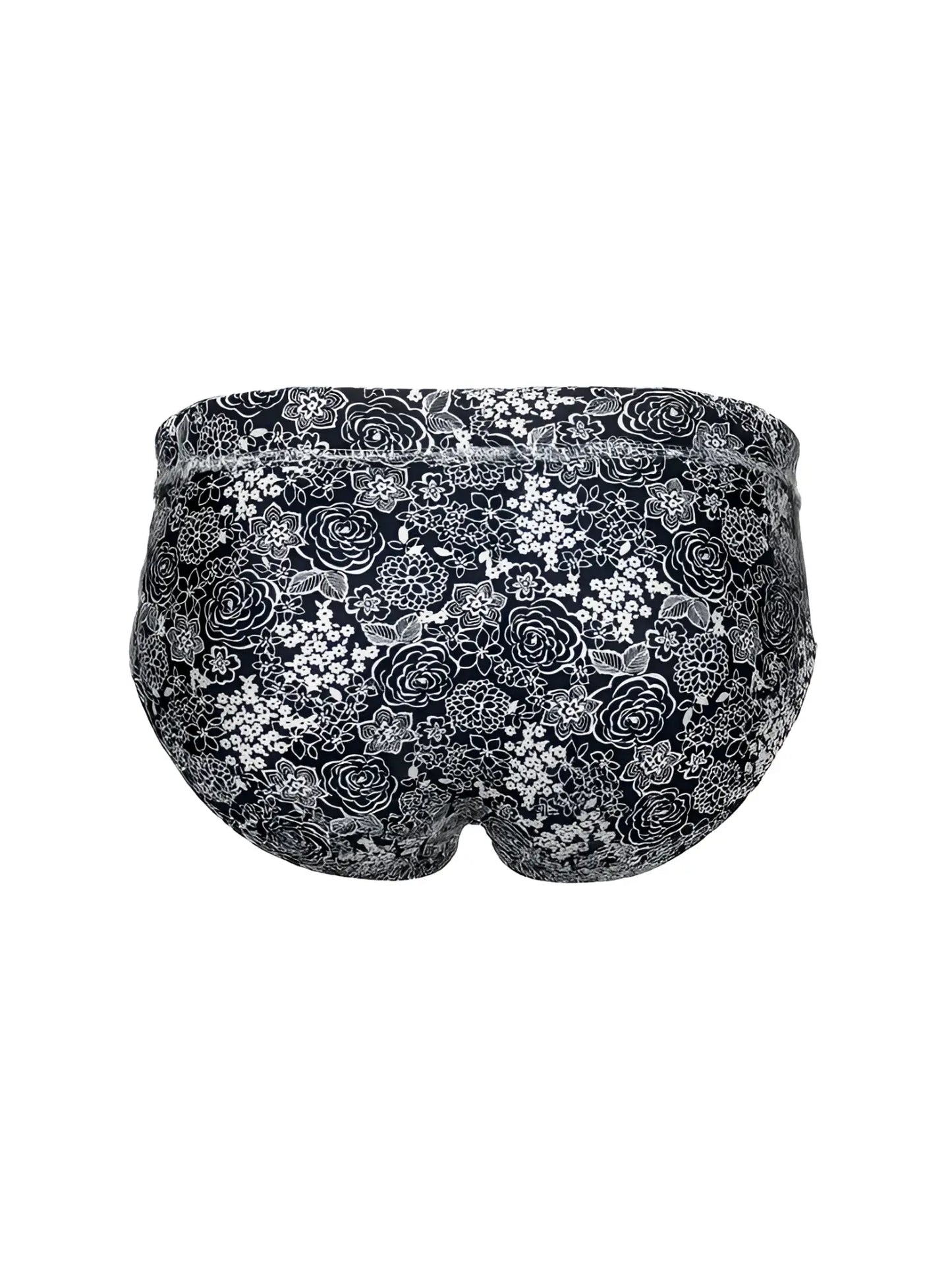 Black tartarus swim brief with delicate white and gray rose floral pattern designed for swimwear use