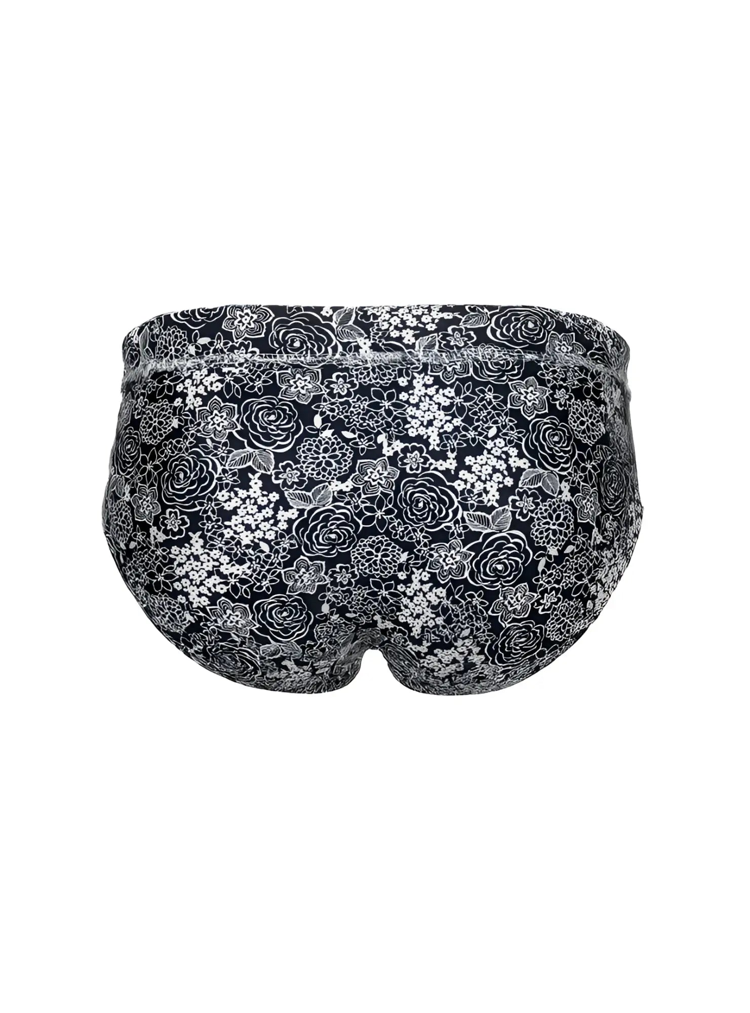 Black tartarus swim brief with delicate white and gray rose floral pattern designed for swimwear use