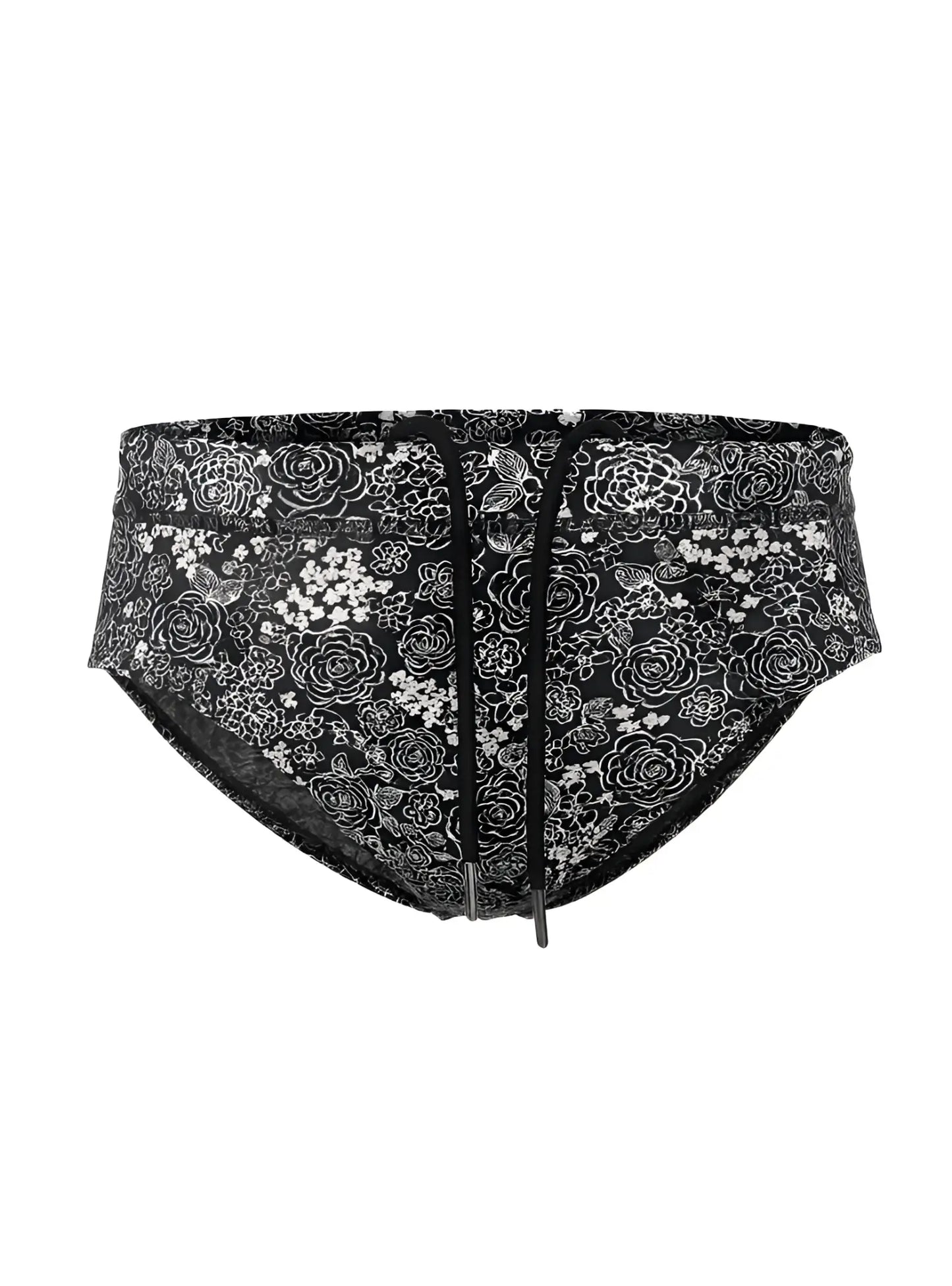 Black tartarus swim brief with white floral and bird pattern and drawstring waistband for beachwear