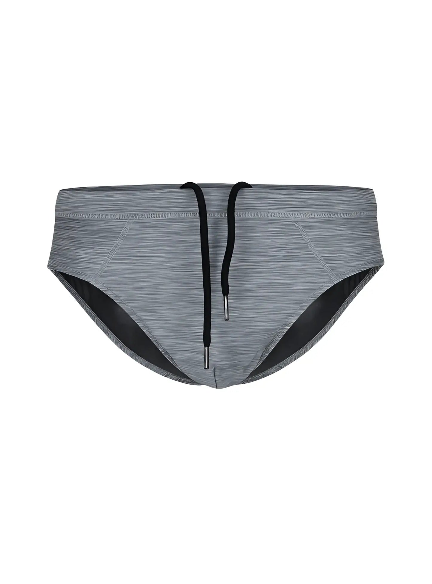 Gray heathered tartarus swim brief swim trunks with black drawstrings and contrasting black inner lining