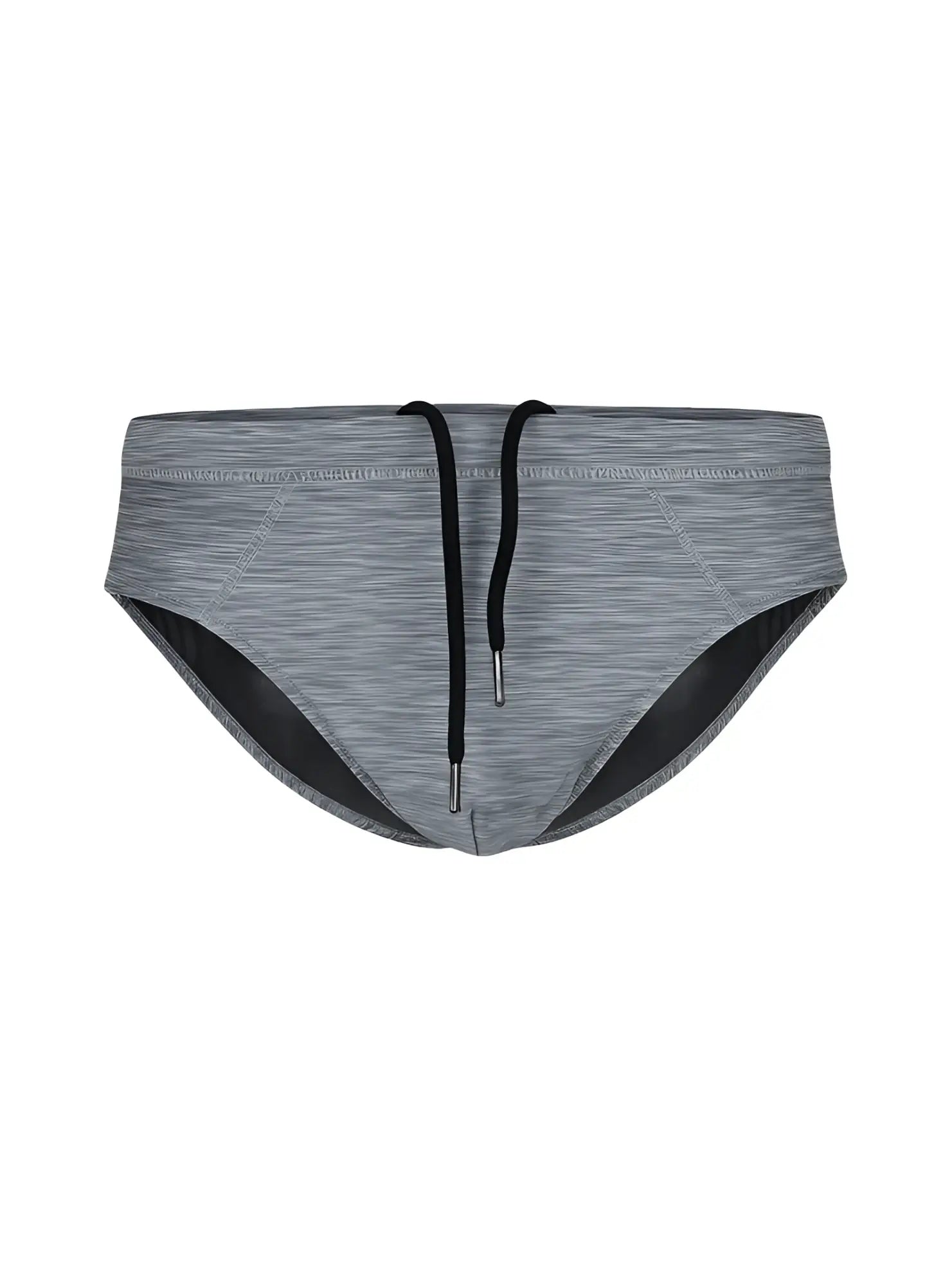 Gray heathered tartarus swim brief swim trunks with black drawstrings and contrasting black inner lining