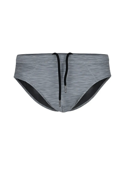 Gray heathered tartarus swim brief swim trunks with black drawstrings and contrasting black inner lining