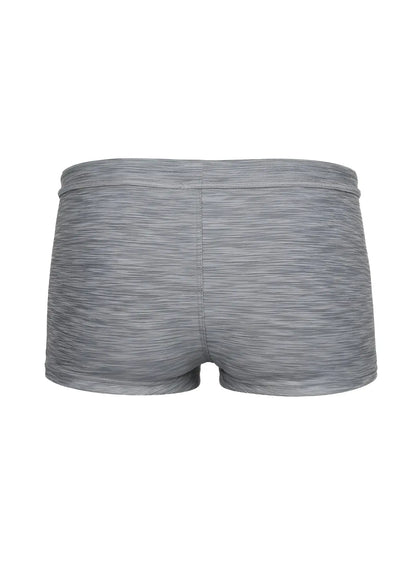 Gray heathered tartarus swim trunk with snug elastic waistband and seamless construction for athletic use