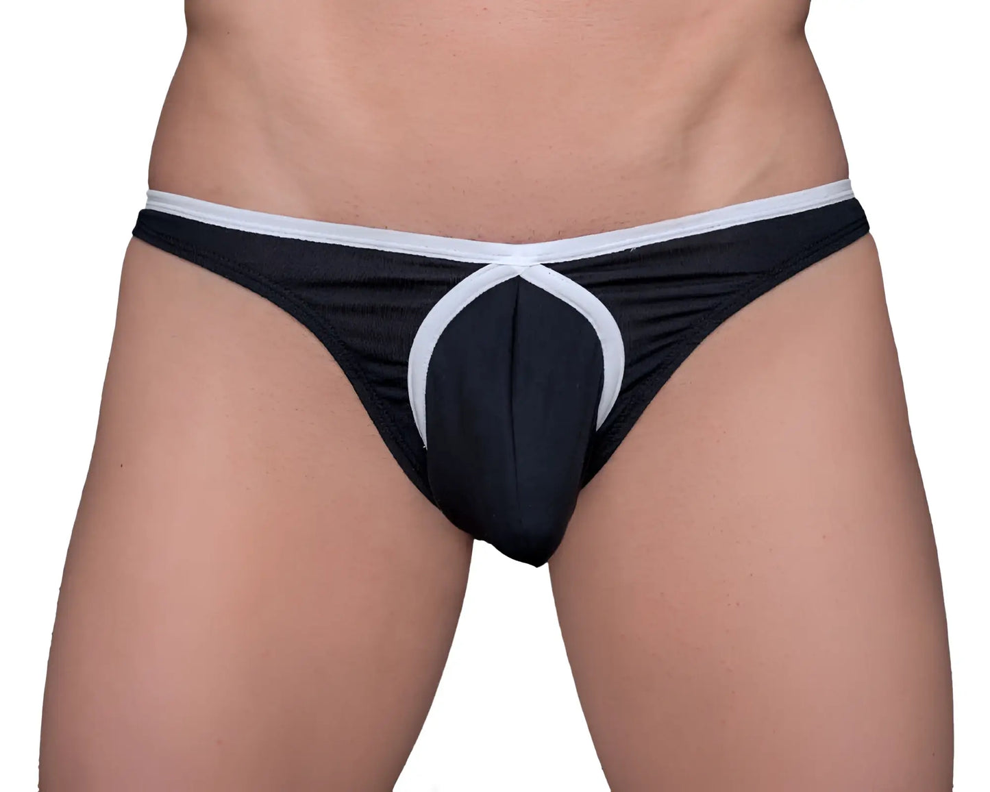 Black and white tartarus tear drop thong with a distinctive circular design on the front in soft fabric