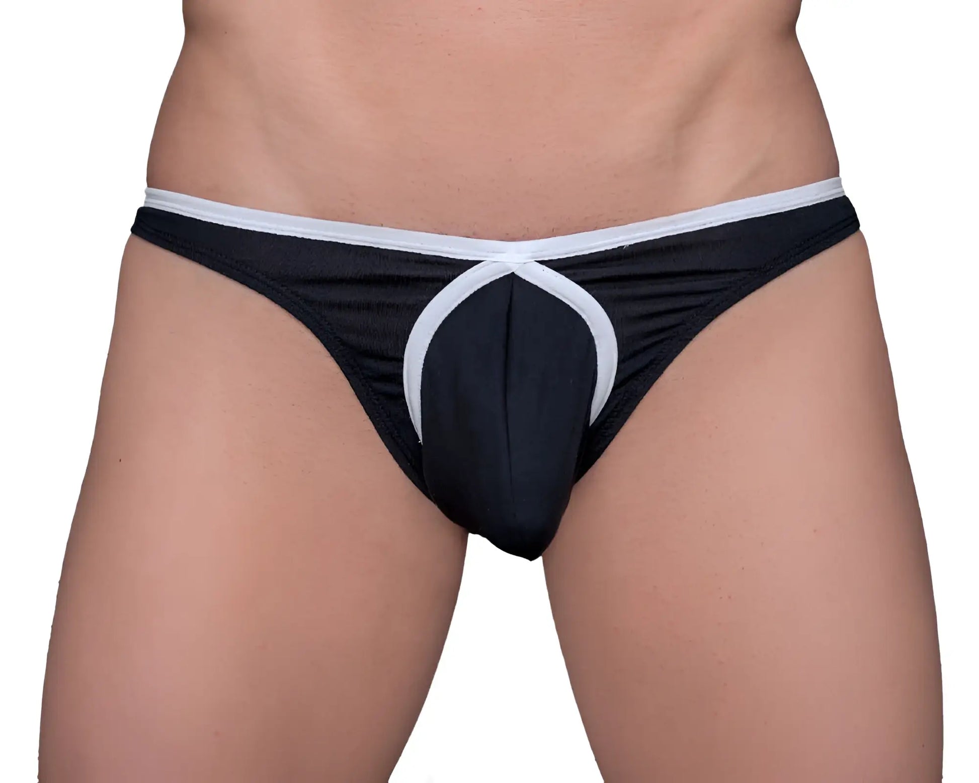 Black and white tartarus tear drop thong with a distinctive circular design on the front in soft fabric