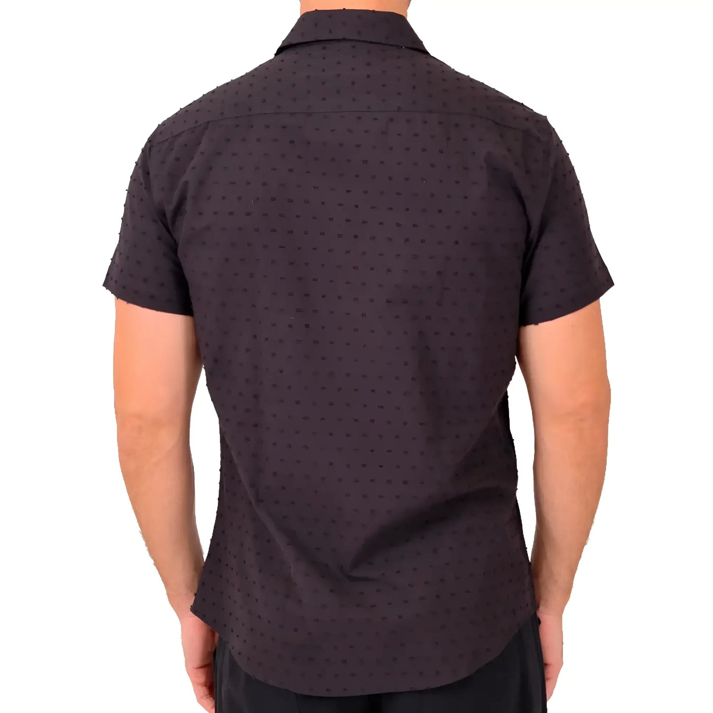Black short-sleeved button-down shirt with subtle dot texture perfect for casual or smart casual wear
