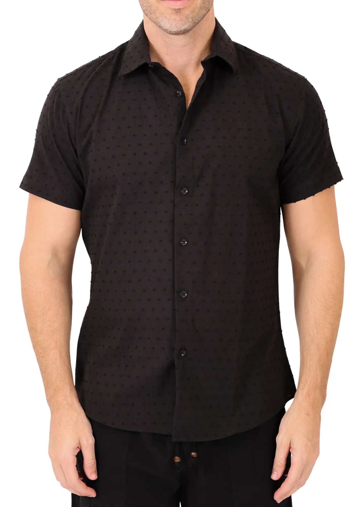 Black short-sleeved button-up shirt with a subtle dotted pattern featured in texture dots s s shirt collection