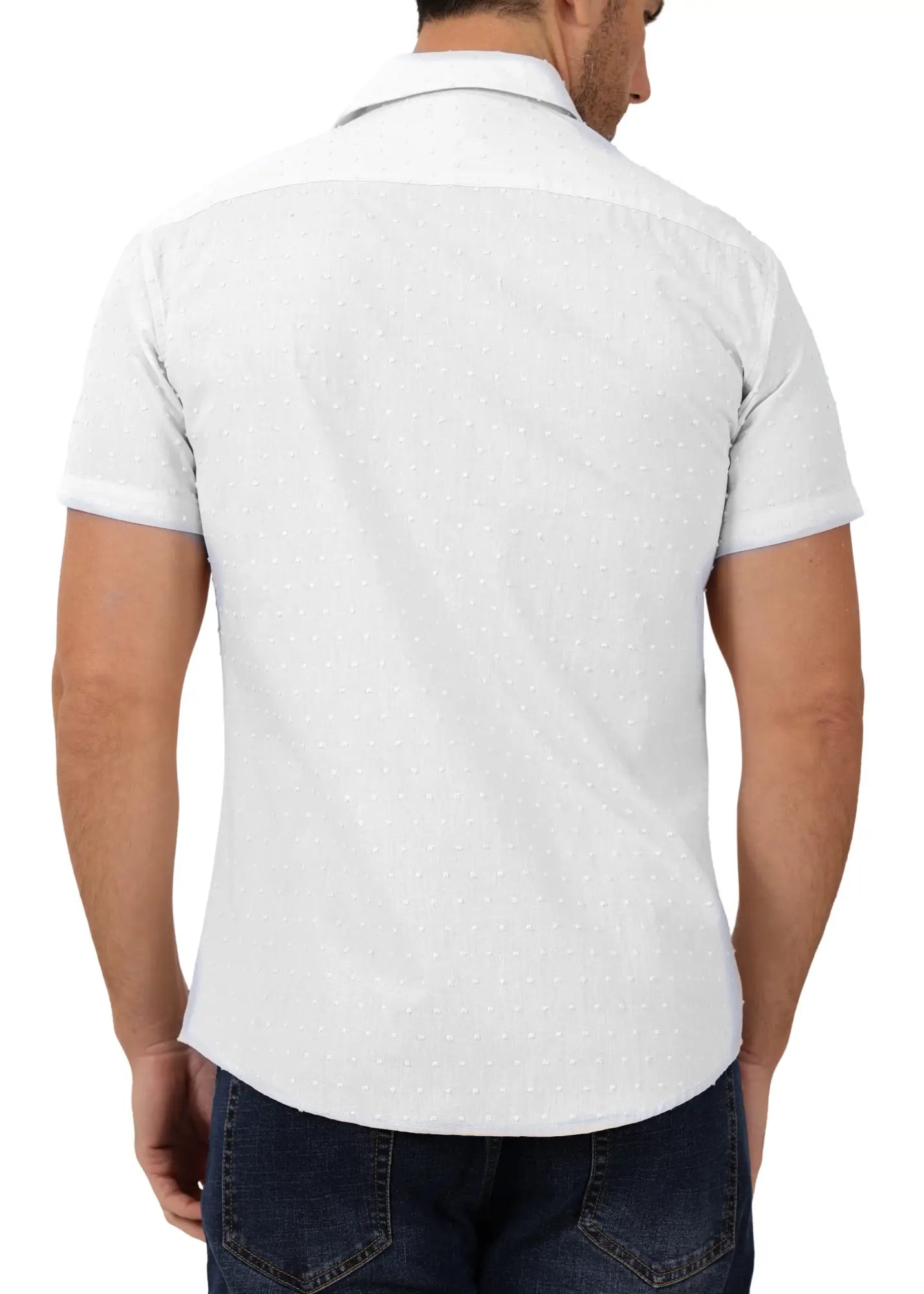 White short-sleeved button-down shirt with subtle dotted pattern perfect for casual and smart casual wear