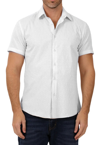 White short-sleeved button-up shirt with subtle dot pattern textured fabric perfect for casual summer wear