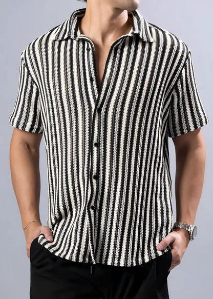 Black and white vertically striped short-sleeved button-up shirt with textured knit pattern called texture knit s/s shirt