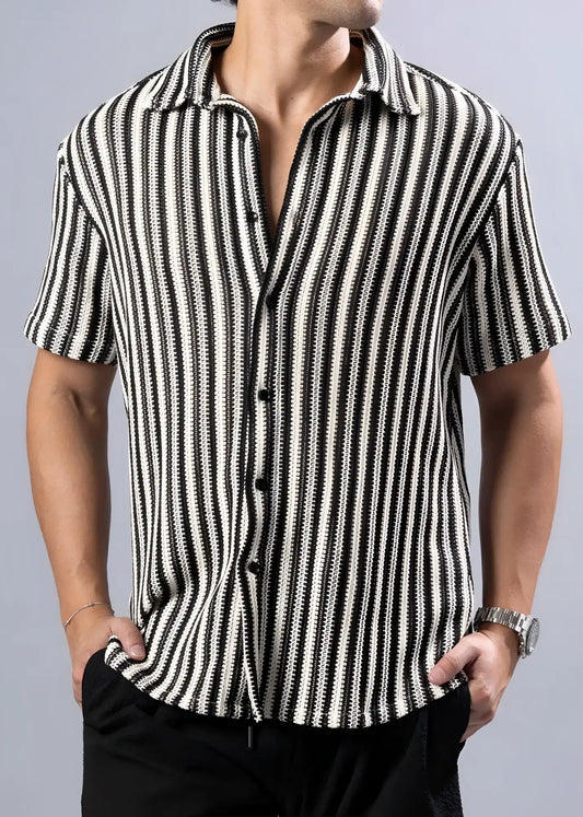 Black and white vertically striped short-sleeved button-up shirt with textured knit pattern called texture knit s/s shirt