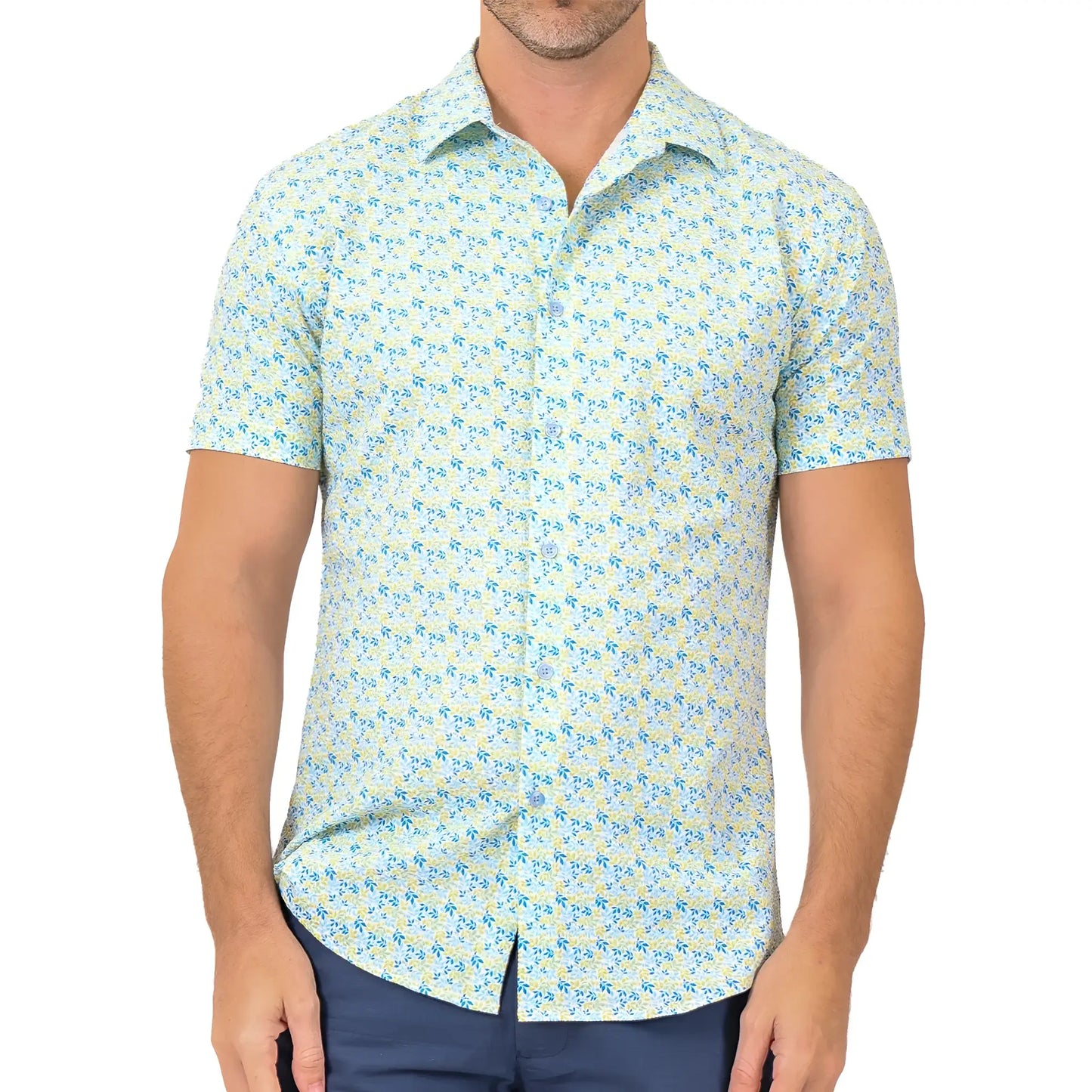 A light blue and pale yellow short-sleeved button-up shirt with a subtle repeating floral pattern texture mini floral s/s shirt