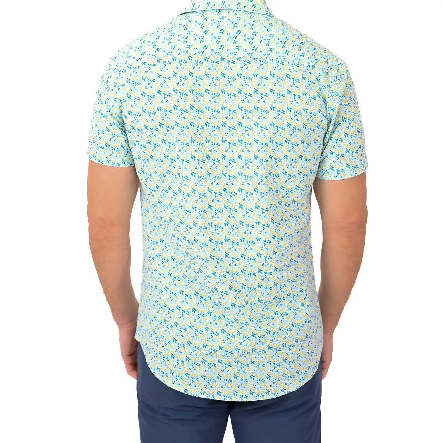 A light blue and pale yellow short-sleeved button-up shirt with a subtle repeating floral pattern called texture mini floral s s shirt