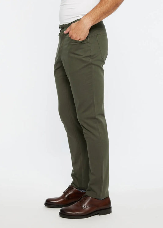 Olive green slim-fit chino pants with textured stretch woven fabric and five pocket design for versatile wear