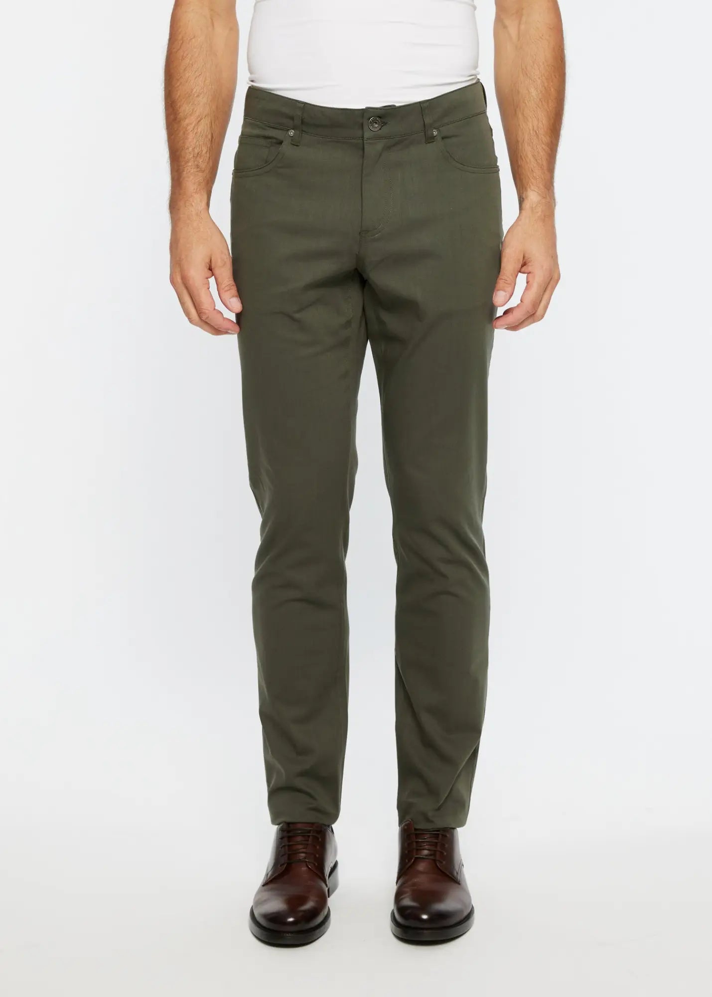 Olive green slim-fit textured 5 pocket stretch woven chino pants made from breathable fabric for casual wear