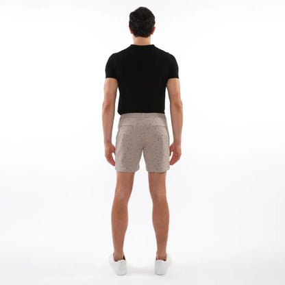 Beige textured jacquard stretch chino shorts with subtle black dot pattern classic tailored fit and two front pockets