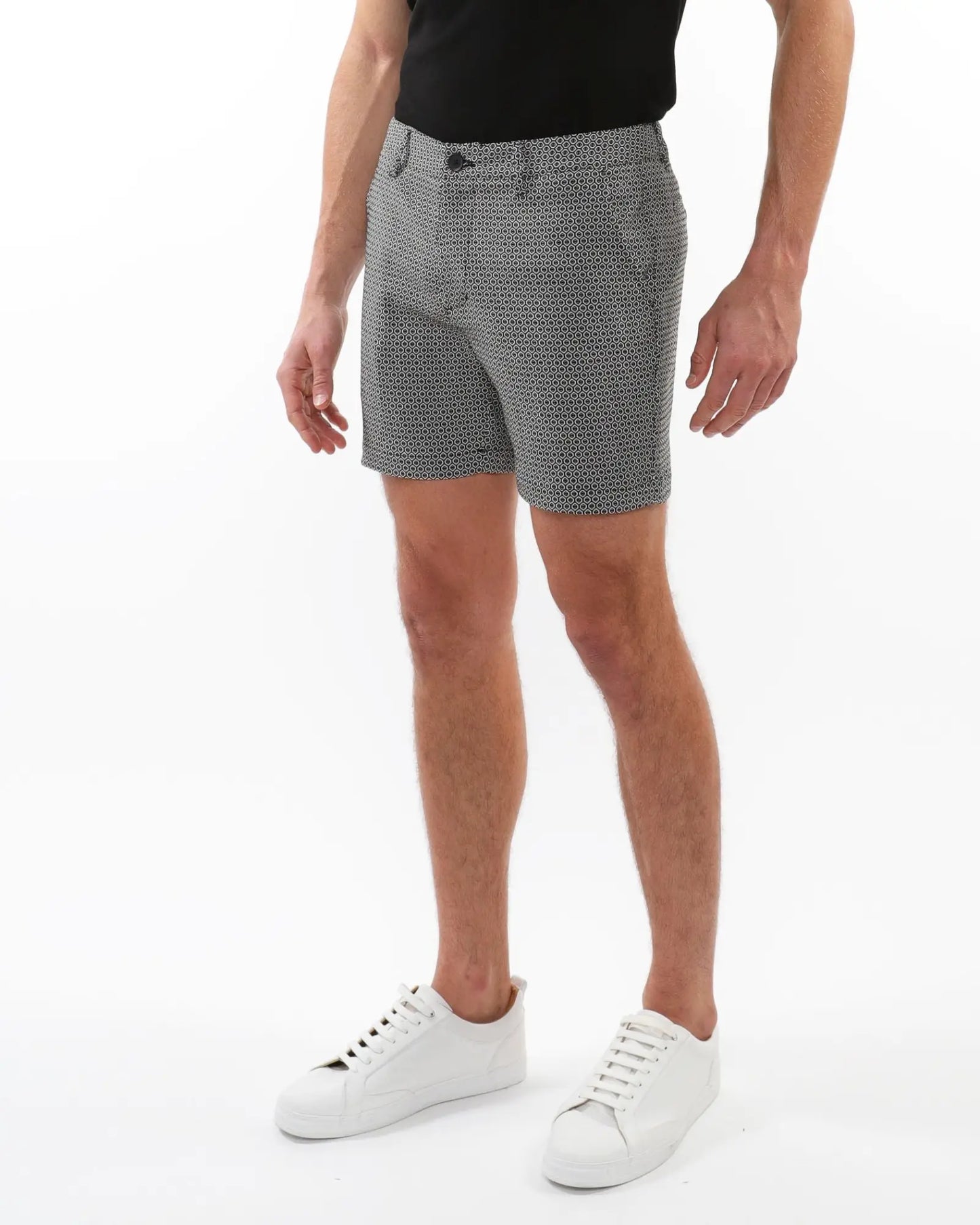 Gray textured jacquard stretch chino shorts with herringbone pattern classic fit and black belt loops front view