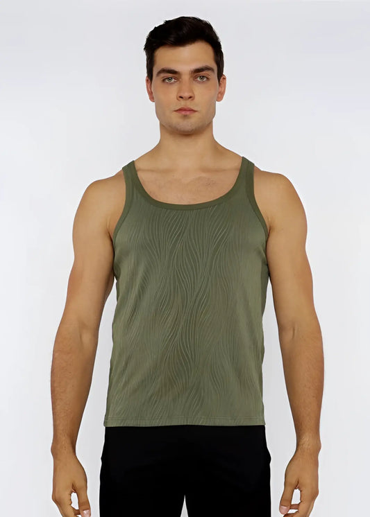 Olive green textured knit tank top with subtle wavy pattern perfect for casual summer wear