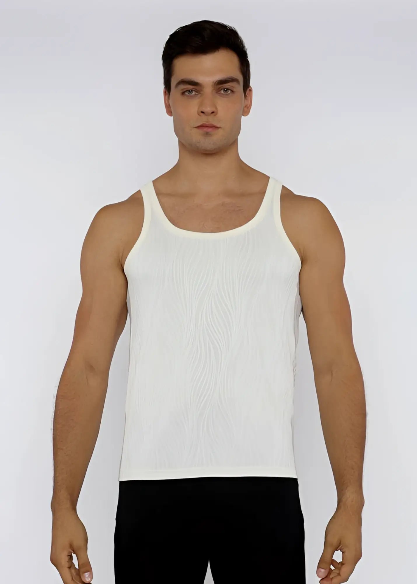 White ribbed cotton textured knit tank top with classic scoop neckline and thin shoulder straps