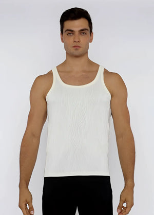 White ribbed cotton textured knit tank top with classic scoop neckline and thin shoulder straps