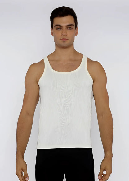 White ribbed cotton textured knit tank top with classic scoop neckline and thin shoulder straps